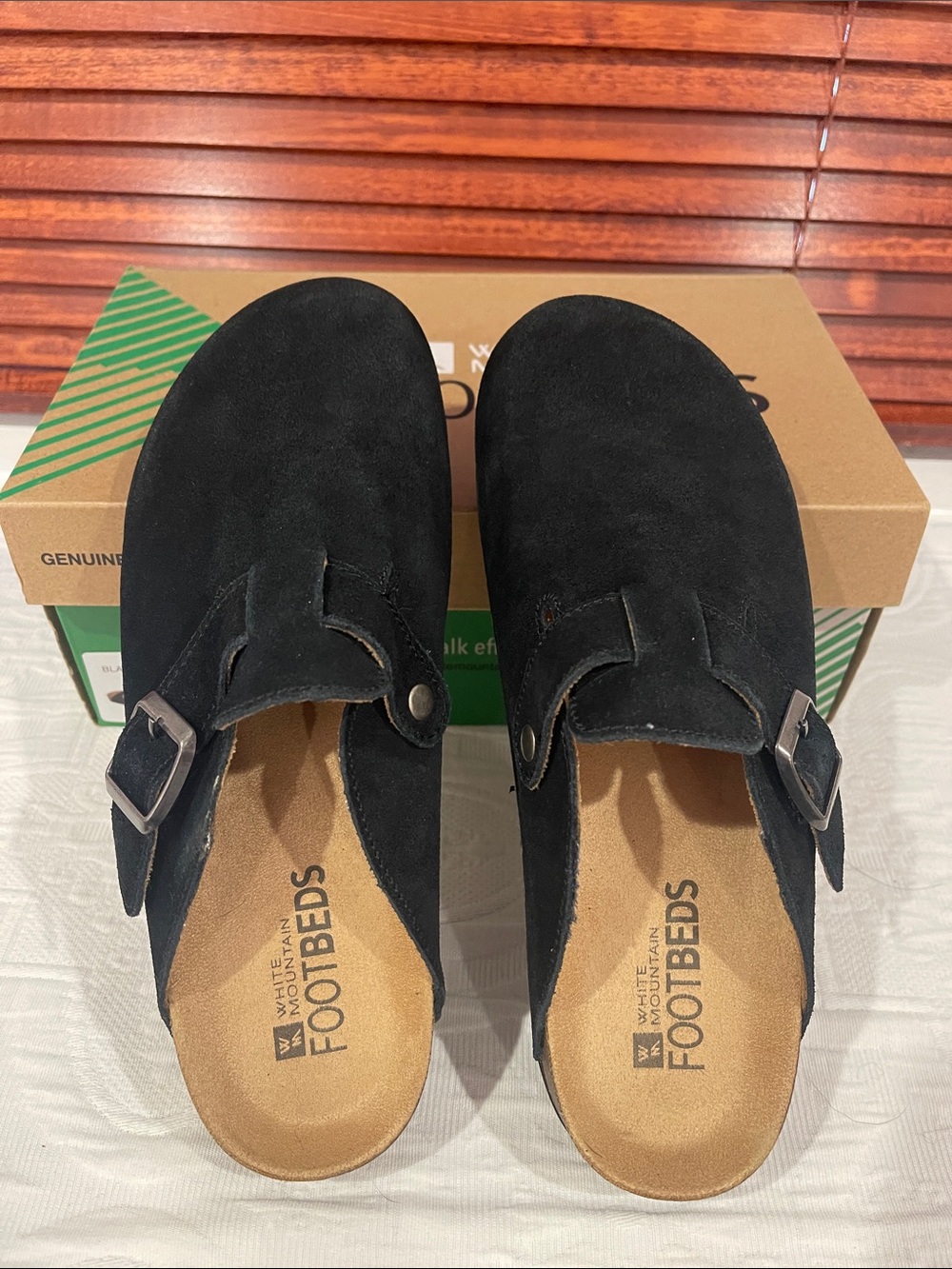 White Mountain Footbeds Black Suede Leather Clogs NIB